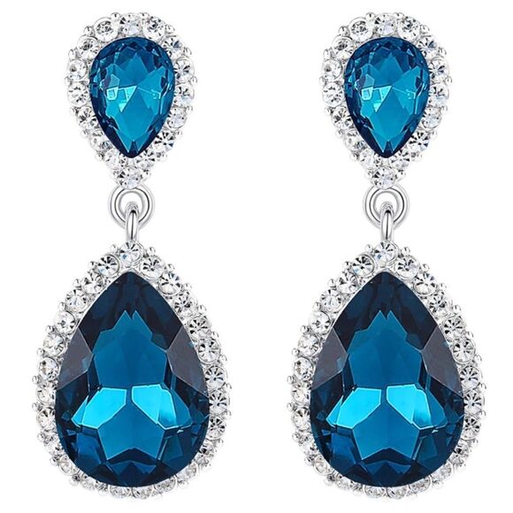 Silver with Aquamarine Blue and Diamond Austrian Crystal Teardrop Post Earrings - Picture 1 of 4